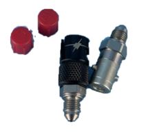 Load image into Gallery viewer, Picture of a male to male titanium coupler with 2 red fitting caps
