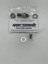 Load image into Gallery viewer, Two titanium studs, nuts, and washers on a white background with packaging in the background
