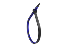 Load image into Gallery viewer, A single zip tie with blue highlights connected to itself on a white background
